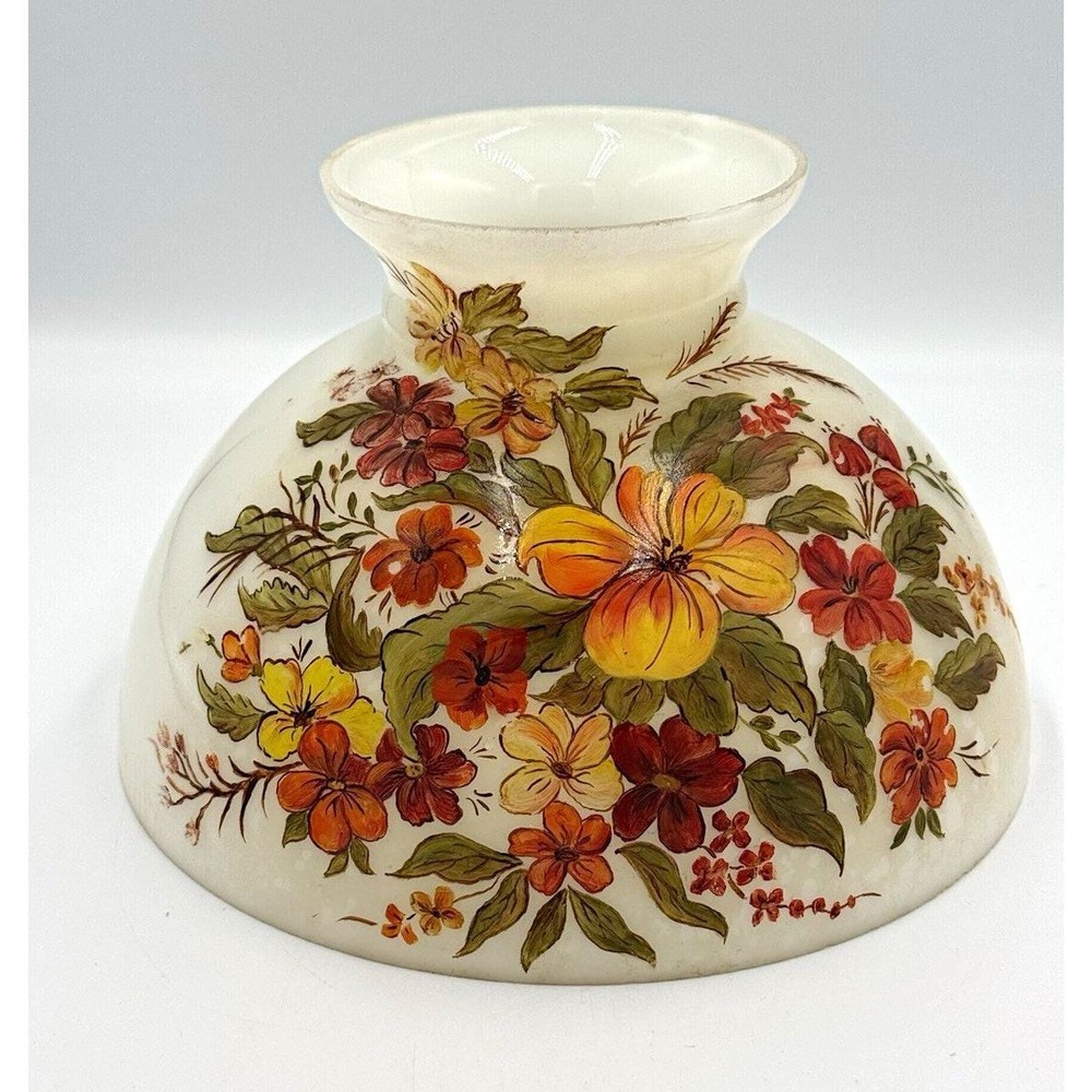 White Frosted Glass Bell Lamp Shade Floral Pattern Multicolor Flowers 5 in
